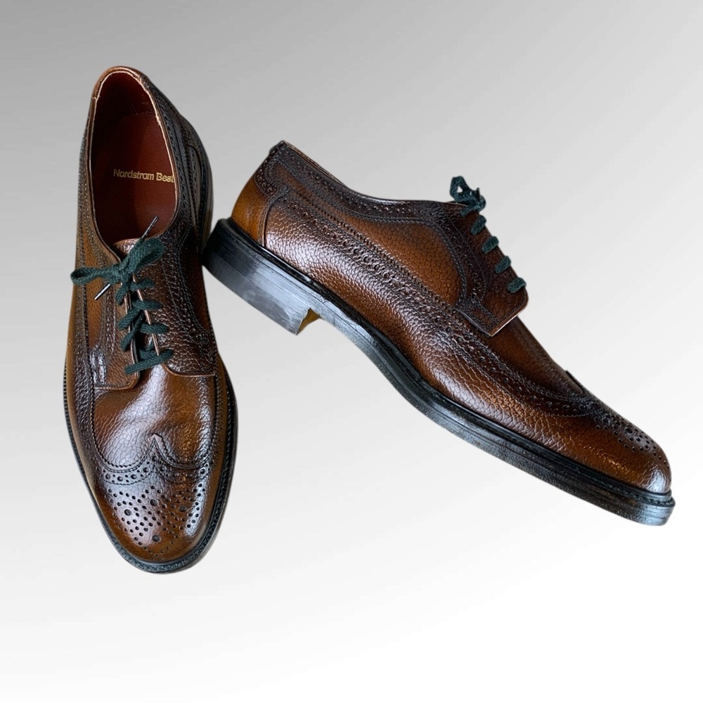 Men's Dark Brown Leather Wingtip Oxford Dress Shoes - Picture 2 of 16